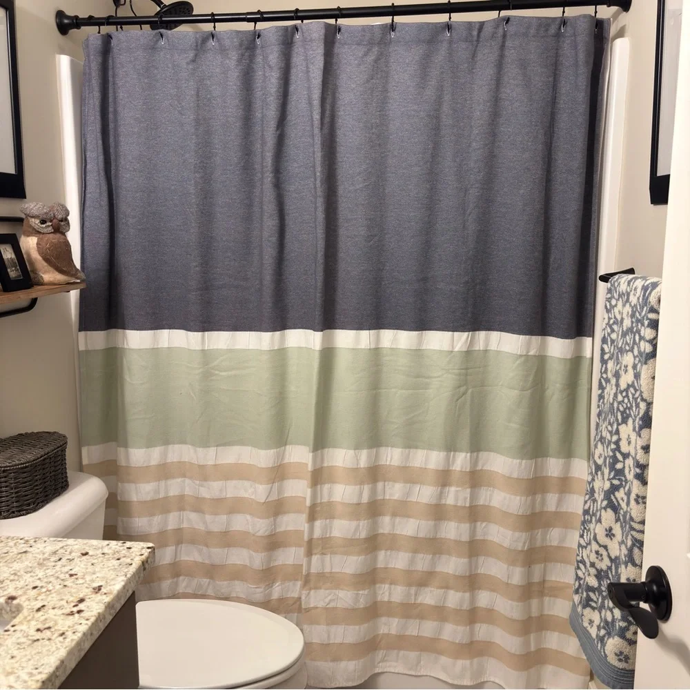 Threshold shower curtain denim blue white sage green & tan horizontal stripes